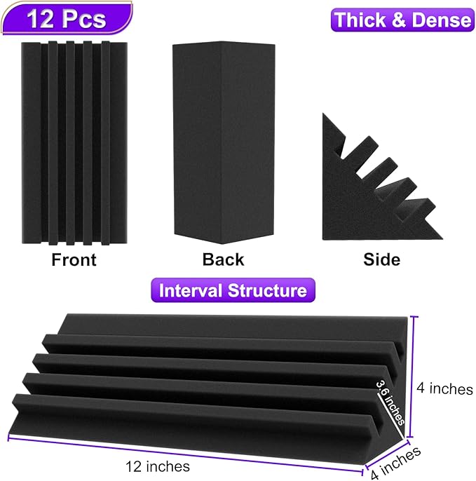 TroyStudio Bass Traps - 12 Pcs 4 X 4 X 12 Inches Dense Thick Studio Bass Foam Corner, Acoustic Treatment Panel Absorbing Echo Reverb, Low Frequency Sound Absorber for Music Room Home Recording Studio