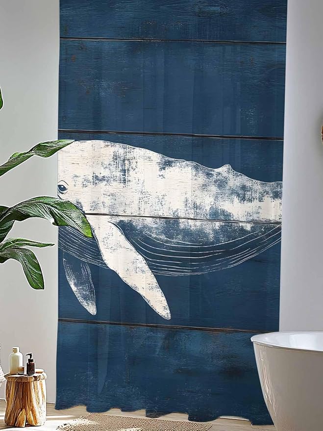 Sheer Curtains 96 Inches Long, Summer Whale Semi Sheer Curtains Light Filtering Window Treatment, Ocean Vintage Wooden Grain Blue Privacy Voile Drapes for Living Room Bedroom 52x96 Inch