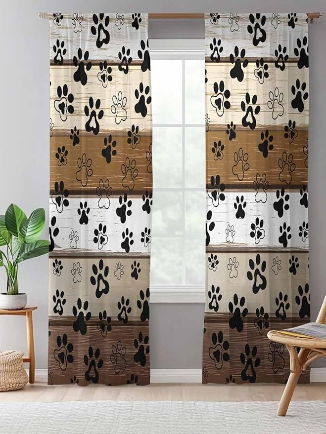 Sheer Curtains 108 Inches Long, Brown Beige Farmhouse Semi Sheer Curtains Light Filtering Window Treatment, Black Dog Paw Vintage Wooden Privacy Voile Drapes for Living Room Bedroom 52x108 Inch