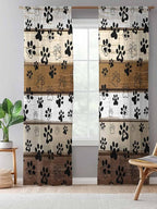 Sheer Curtains 96 Inches Long, Brown Beige Farmhouse Semi Sheer Curtains Light Filtering Window Treatment, Black Dog Paw Vintage Wooden Privacy Voile Drapes for Living Room Bedroom 52x96 Inch