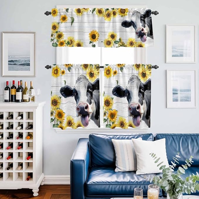Kitchen Curtains Tiers and Valance Set of 3, Cow Sunflowers Light Filtering Window Curtain Set, Farmhouse Animals Plants Wooden Grain Rod Pocket Curtain Drapes for Cafe, Living Room, 24 Inches Tiers