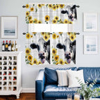 Kitchen Curtains Tiers and Valance Set of 3, Cow Sunflowers Light Filtering Window Curtain Set, Farmhouse Animals Plants Wooden Grain Rod Pocket Curtain Drapes for Cafe, Living Room, 36 Inches Tiers