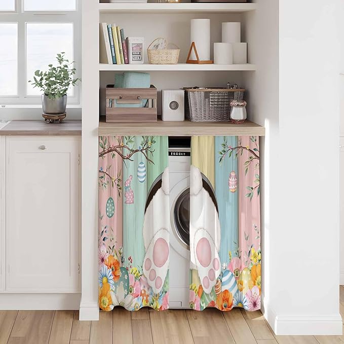 Easter Kitchen Tier Curtains 45 Inch Long 2 Panel Set,Rod Pocket Short Window Treatment,Spring Colorful Bunny Eggs Flower Wood Grain Light Filtering Curtains & Drapes for Bathroom 27.5"W x 45"L