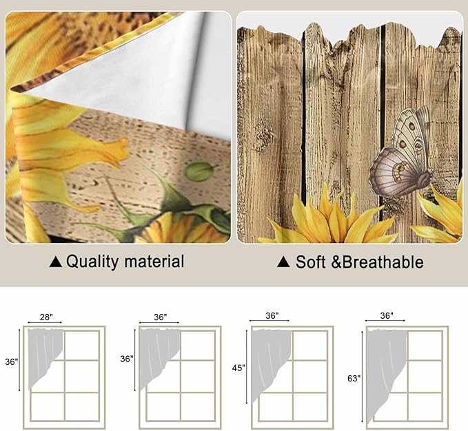 Farmhouse Sunflowers Swag Valances for Windows, Rustic Floral Buttterfly Wood Board Brown Rod Pocket Kitchen Curtains Valance, Small Window Curtains Swag for Cafe Living Room, 2 Panels, 36x36 inch