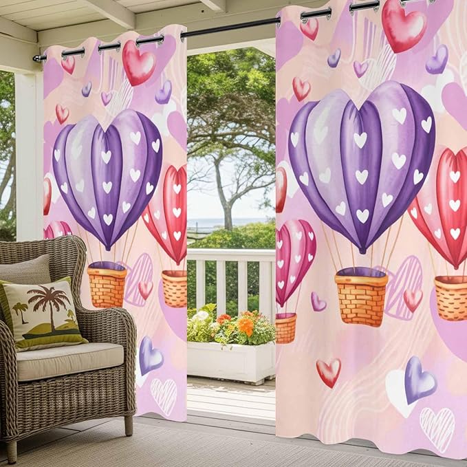 Hot Air Balloons Waterproof Outdoor Curtains for Patio, Windproof Weatherproof Curtains with Weighted Hem, Valentine's Day Watercolor Love Balloons Light Filtering Privacy Drapes for Porch 54"x 108"
