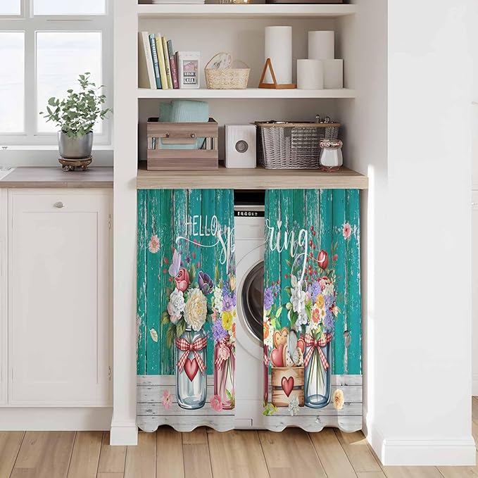 Spring Flowers Tier Curtains, Farmhouse Watercolor Teal Wood Grain Light Filtering Kitchen Curtains, 2Pcs Rod Pocket Half Window Treatments Panels for Sink Cafe Cabinet Basement 27.5x45 Inches