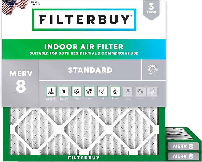 Filterbuy 23.5x23.5x1 Air Filter MERV 8 Essential Dust & Allergy Defense (3-Pack), Electrostatic Pleated HVAC AC Furnace Filters Replacement, Made in USA (Actual Size: 23.38 x 23.38 x 0.75)