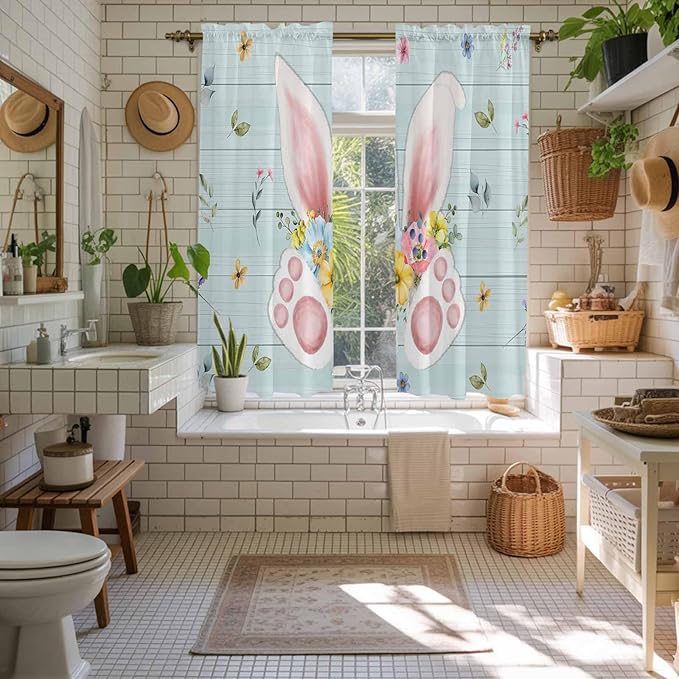 Easter Window Curtains 63 Inch Long 2 Panel Set, Rod Pocket Bedroom Curtains & Drapes, Spring Rabbits Ears Feet Flowers Wooden Grain Light Filtering Window Treatment for Living Room 42"W x 63"L