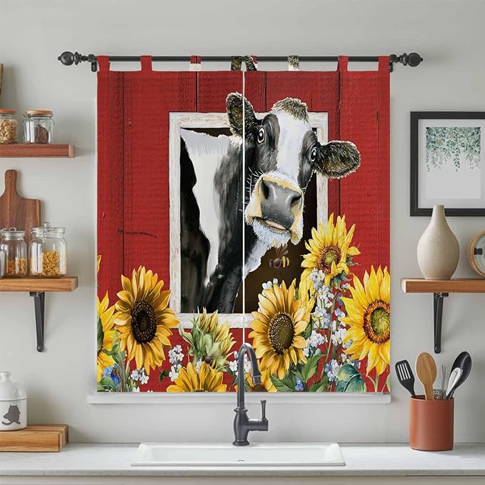 Cows Sunflowers Living Room Curtains 84 Inch Length, Window Curtains Tab Top, Spring Botanical Floral Bees Red Barn Light Filtering Window Treatments Drapes 42"x84" 2 Panel