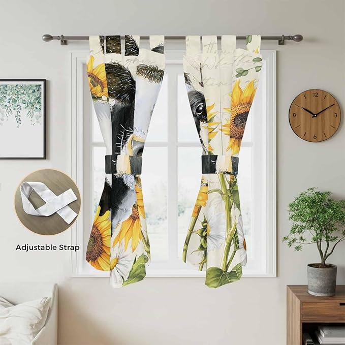 Yellow Sunflowers Bathroom Curtains 63 Inch Length, Window Curtains Tab Top, Country Cow Flower Butterfly Farmhouse Cream Light Filtering Window Treatments Drapes 52"x63" 2 Panel