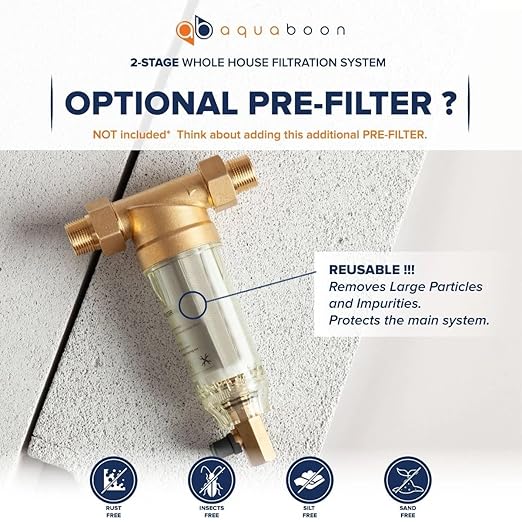 Aquaboon 2-Stage Whole House Water Filter System with 5 Micron 10x4.5 Anti-Scale Reducing Sediment Water Purification and Carbon Chlorine Reduction Filter, Pressure Gauges, Wrench, Bracket