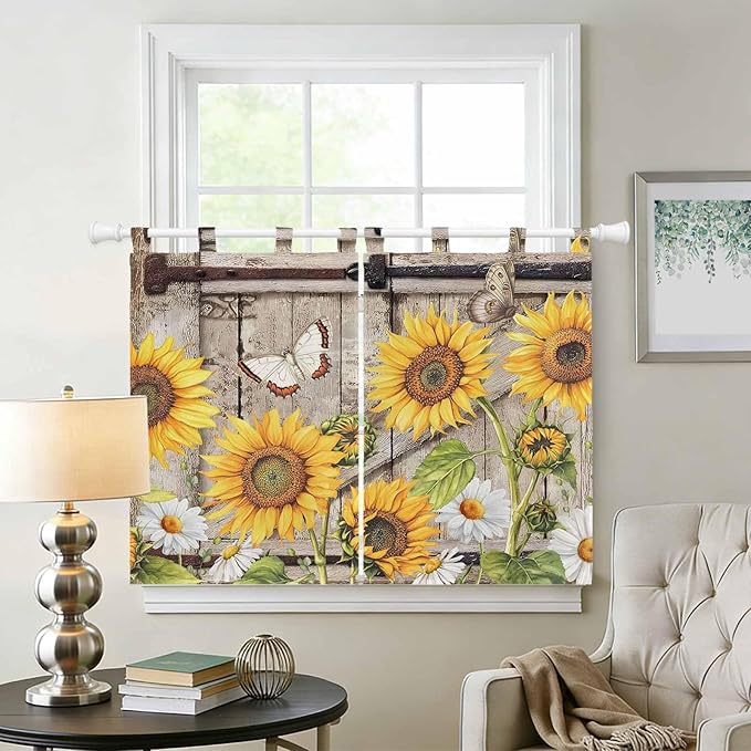 Farmhouse Sunflowers Bedroom Curtains 63 Inch Length, Window Curtains Tab Top, Rustic Barn Doors Flowers Butterfly Wooden Light Filtering Window Treatments Drapes 42"x63" 2 Panel