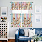 Easter Kitchen Curtains Set 3 Piece for Windows, Rod Pocket Valance and Tier Set 36 Inch Length, Spring Bunny Eggs Botanical Floral Wooden Grain Light Filtering Cafe Curtains for Living Room Bathroom