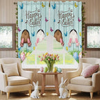 Swag Curtain Valances for Kitchen Windows,Happy Easter Bunny Butt Egg Floral Short Rod Pocket Window Valance,Spring Plant on Aqua Wood Swag Topper for Bedroom Living Room,2 Panels 36x45in