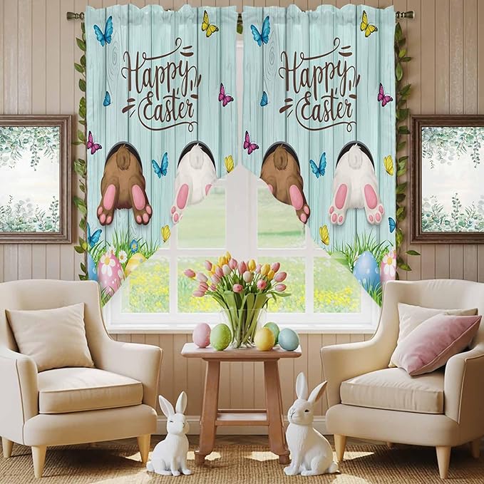 Swag Curtain Valances for Kitchen Windows,Happy Easter Bunny Butt Egg Floral Short Rod Pocket Window Valance,Spring Plant on Aqua Wood Swag Topper for Bedroom Living Room,2 Panels 36x45in