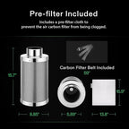 VIVOSUN 6 Inch Air Carbon Filter Smelliness Control with Australia Virgin Charcoal for Inline Duct Fan, Grow Tent, Pre-Filter Included, Reversible Flange 6"x 16"