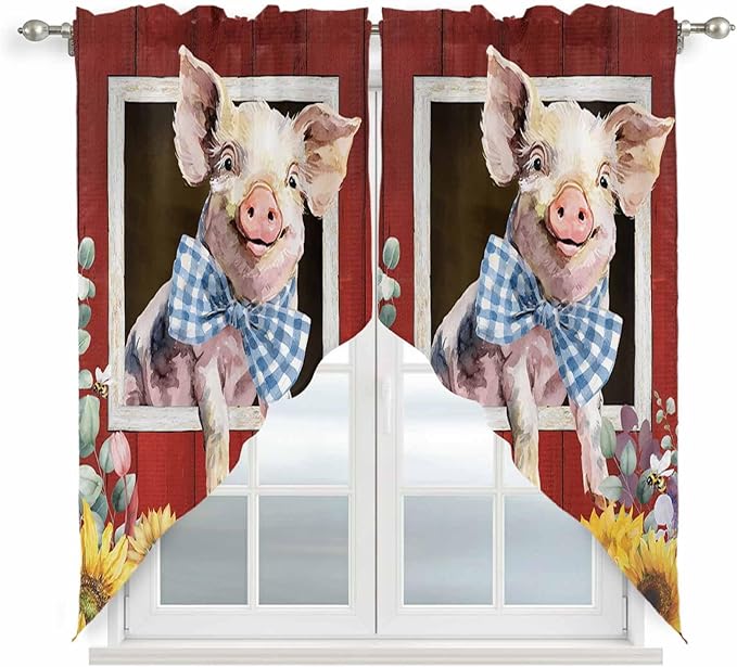Pig Sunflowers Swag Valances for Windows, Eucalyptus Leaves Floral Bees Red Barn Rod Pocket Kitchen Curtains Valance, Small Window Curtains Swag for Cafe Bathroom Living Room, 2 Panels, 28x36 inch