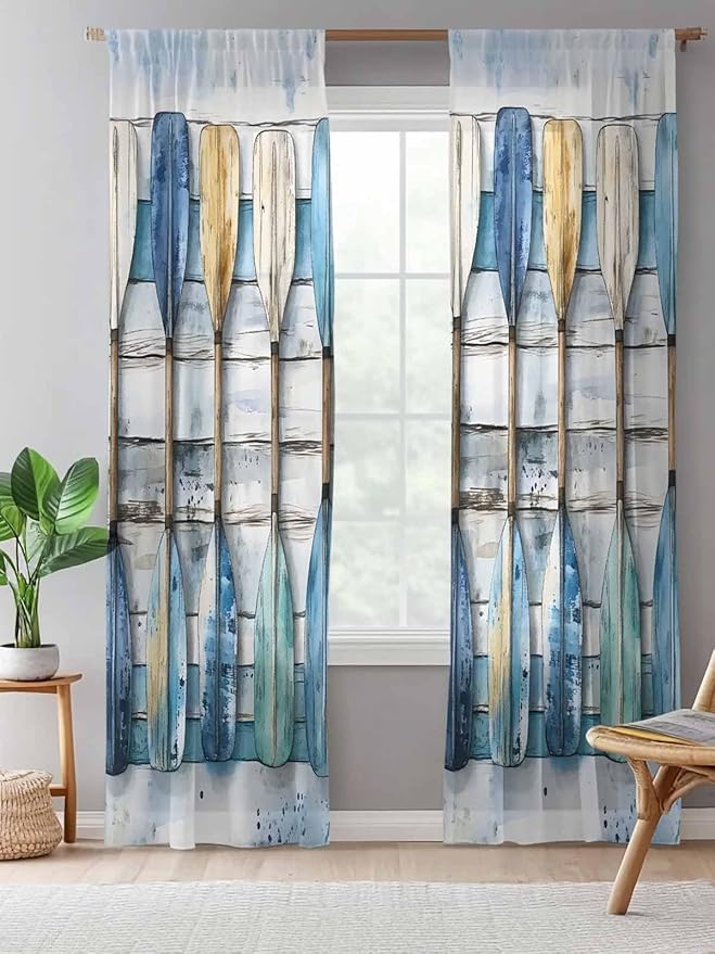 Sheer Curtains 96 Inches Long, Lake Paddle Striped Semi Sheer Curtains Light Filtering Window Treatment, Watercolor Vintage Wood Grain Privacy Voile Drapes for Living Room Bedroom 52x96 Inch
