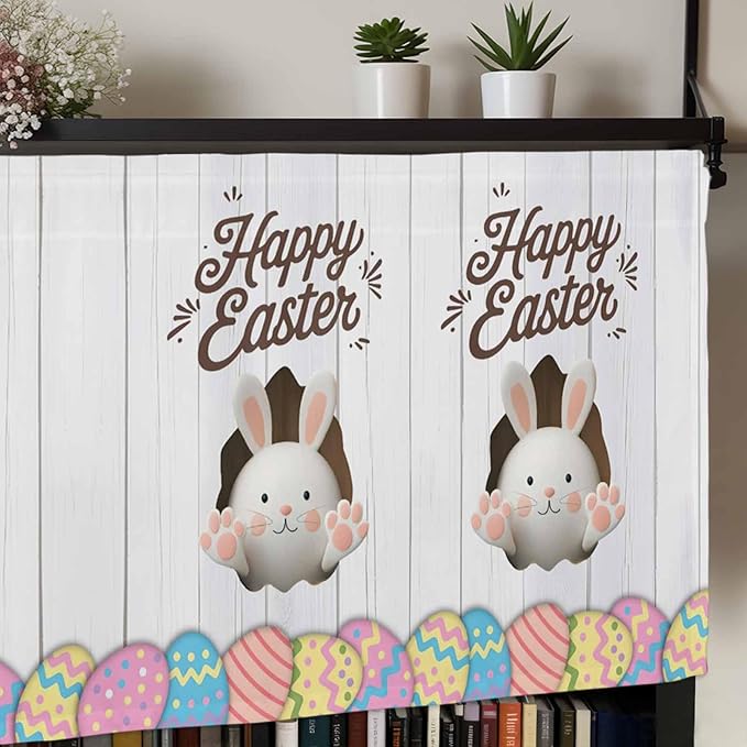 Grey Easter Curtain Valances for Windows, Kitchen Valance Window Treatment, Spring Cartoon Bunny Colorful Eggs Wood Grain Light Filtering Block Curtains for Bathroom/Bedroom/Living Room 42'' x 18''
