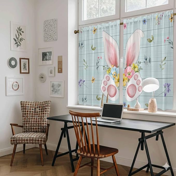 Easter Kitchen Curtains 45 Inch Long 2 Panel Set, Rod Pocket Window Treatment, Spring Rabbits Ears Feet Flowers Wooden Grain Light Filtering Short Curtains & Drapes for Bathroom Laundry 52"W x 45"L