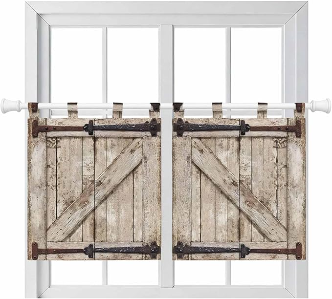 Farmhouse Wood Grain Kitchen Curtains 24 Inch Length, Small Window Curtains Tab Top, Vintage Country Barn Gate Brown Light Filtering Short Window Treatments Tier Drapes 27.5"x24" 2 Panel
