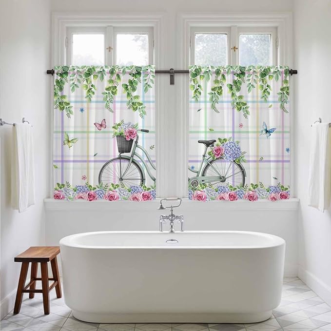 Spring Tier Curtains, Bicycles Botanical Leaves Rose Colorful Stripes Light Filtering Kitchen Curtains, 2Pcs Rod Pocket Half Window Treatments Panels for Sink Cafe Cabinet Basement 27.5x45 Inches
