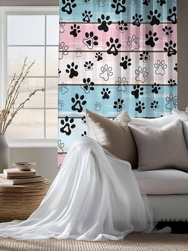 Sheer Curtains 72 Inches Long, Blue Pink Dog Paws Prints Semi Sheer Curtains Light Filtering Window Treatment, Farmhouse Beige Wood Privacy Voile Drapes for Living Room Bedroom 52x72 Inch
