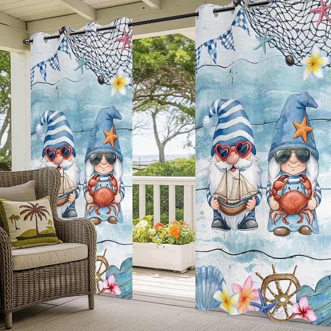 Ocean Gnome Outdoor Curtains for Patio Summer Marine Plumeria Shell Wood Blue Waterproof Outside Curtains with Grommet Top Weatherproof Curtain for Cabana Pergola Gazebo, 1 Panel, 54" W x 95" L