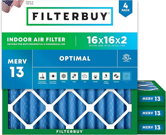 Filterbuy 16x16x2 Air Filter MERV 13 Optimal Smoke & Allergy Defense (4-Pack), Electrostatic Pleated HVAC AC Furnace Filters Replacement, Made in USA (Actual Size: 15.50 x 15.50 x 1.75)