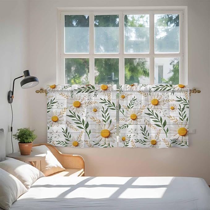 Spring Daisy Tier Curtains, Farmhouse Country Flower Leaf Plant Wood Grain Light Filtering Kitchen Curtains, 2Pcs Rod Pocket Half Window Treatments Panels for Sink Cafe Cabinet Camper 27.5x36 Inches