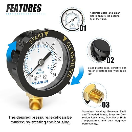 MEANLIN MEASURE 0~60Psi Plastic Frame 1/4" NPT Start and Clean Filter Pressure Gauge, Suitable for Swimming Pool, spa, Aquarium, Lower Mount