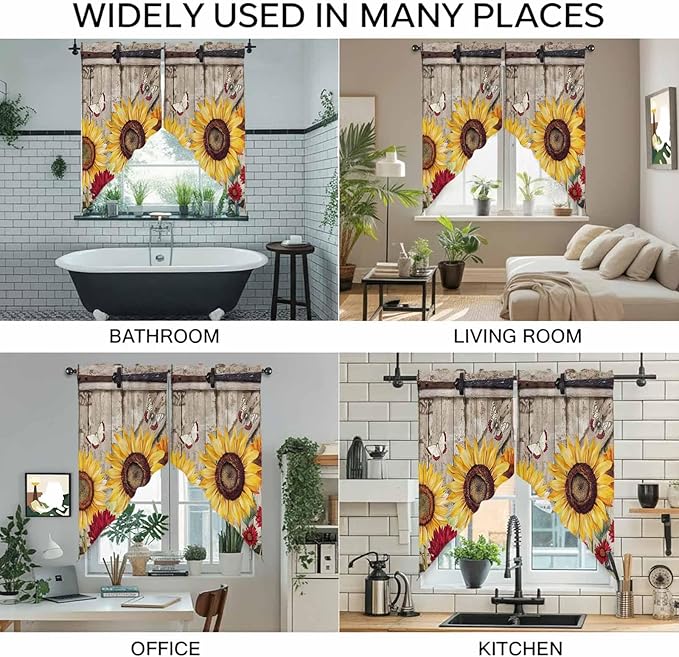 Sunflowers Swag Valances for Windows, Retro Flower Barn Doors Butterfly Farmhouse Brown Rod Pocket Kitchen Curtains Valance, Small Window Curtains Swag for Cafe Living Room, 2 Panels, 36x36 inch