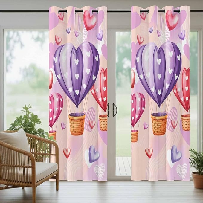 Hot Air Balloons Waterproof Outdoor Curtains for Patio, Windproof Weatherproof Curtains with Weighted Hem, Valentine's Day Watercolor Love Balloons Light Filtering Privacy Drapes for Porch 54"x 84"
