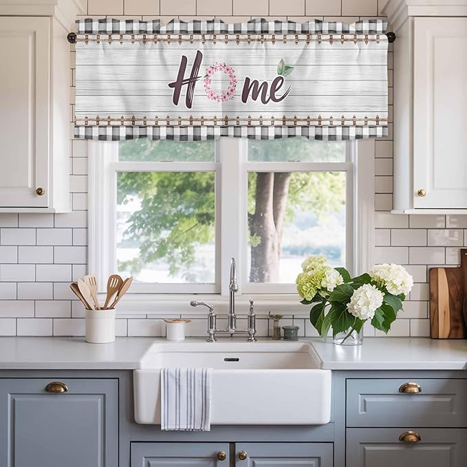 Spring Flowers Curtain Valances for Windows, Kitchen Valance Window Treatment, Farmhouse Watercolor Black Plaid Wood Grain Light Filtering Block Curtains for Bathroom/Bedroom/Living Room 54'' x 18''