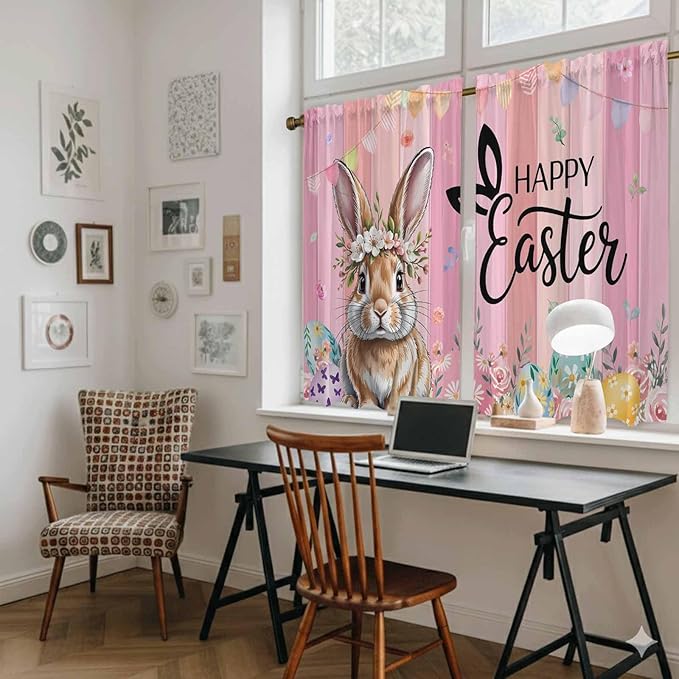 Easter Kitchen Curtains, Spring Rabbit Eggs Flowers Flags Leaves Wood Grain Light Filtering Window Curtain Panels, 2Pcs Rod Pocket Window Treatments Set for Cabin Bathroom Bedroom 52x45 Inches