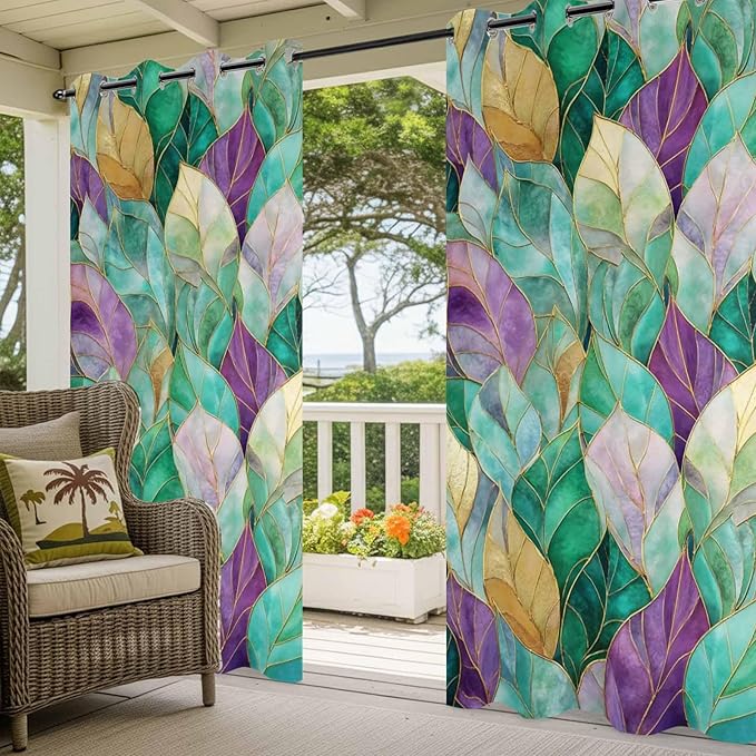 Leaves Outdoor Curtains for Patio Gorgeous Leaf Abstract Spring Waterproof Outside Curtains with Grommet Top Weatherproof Curtain for Cabana Pergola Gazebo, 2 Pack, 54" W x 95" L