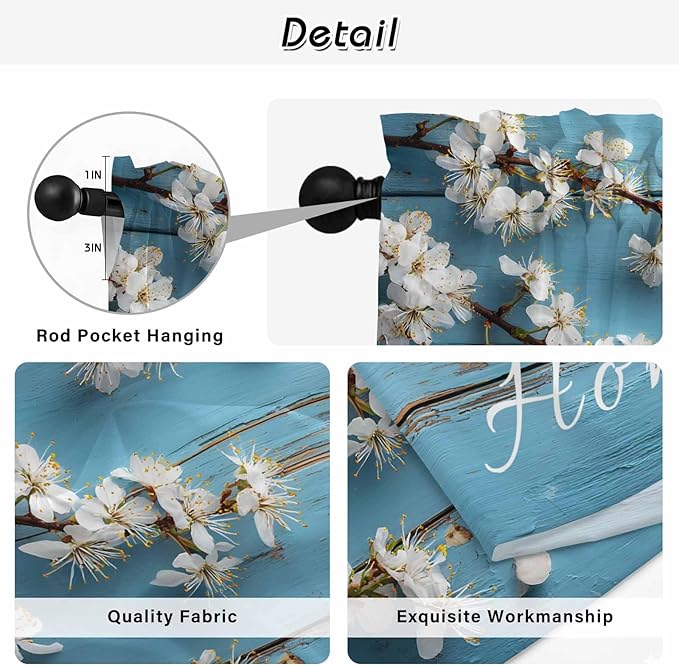 Farmhouse Wooden Grain Tier Curtains, Vintage Shabby Chic Flower Blue Light Filtering Kitchen Curtains, 2Pcs Rod Pocket Half Window Treatments Panels for Sink Cafe Cabinet Camper 27.5x24 Inches