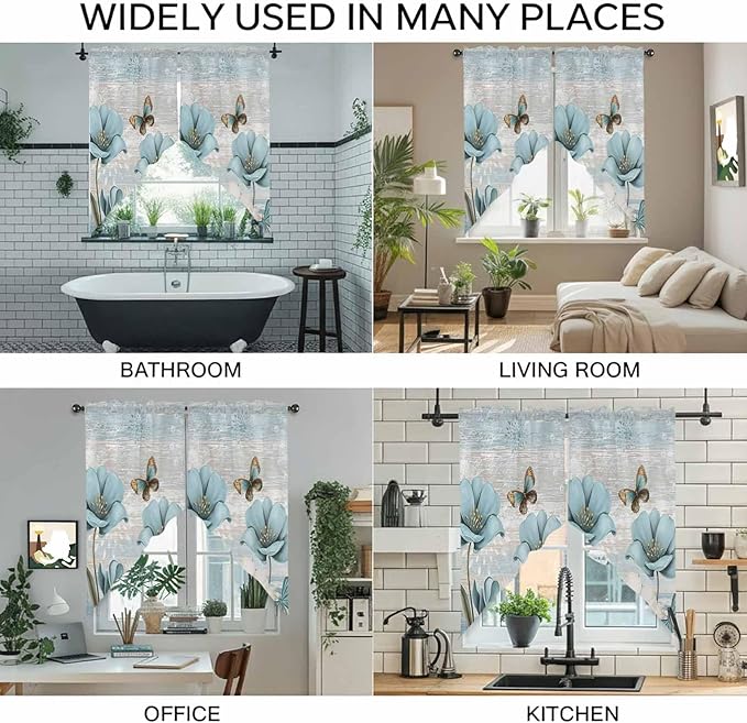 Spring Floral Swag Valances for Windows, Vintage Tulips Flower Butterfly Retro Wood Blue Rod Pocket Kitchen Curtains Valance, Small Window Curtains Swag for Cafe Living Room, 2 Panels, 28x36 inch