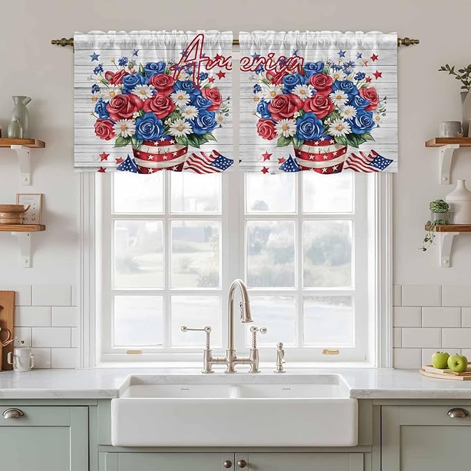 Independence Day Kitchen Tier Curtains 24 Inch Long 2 Panel Set,Rod Pocket Cafe Small Window Curtains Over Sink,4 of July Rose Wooden Grain Vintage Light Filtering Short Drapes 27.5"W x 24"L