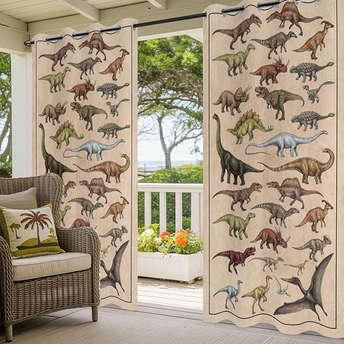 Vintage Outdoor Curtains for Patio Dinosaurs Biographies Retro Waterproof Outside Curtains with Grommet Top Weatherproof Curtain for Cabana Pergola Gazebo, 1 Panel, 54" W x 108" L