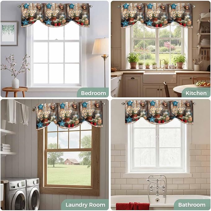 Country Flower Tie Up Valance for Window, Western Texas Star Butterfly Barn Door Adjustable Balloon Window Shade Valance Curtain for Kitchen Cafe Bathroom Window Treatment Panel 42''x18''