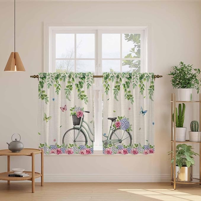 Farmhouse Spring Kitchen Curtains, Retro Bicycles Flowers Vines Butterfly Light Filtering Window Curtain Panels, 2Pcs Rod Pocket Window Treatments Set for RV Dining Room Study Room 42x45 Inches