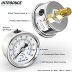 MEANLIN MEASURE 0~100Psi Dry Pressure Gauge Stainless Steel 1/4" NPT 2" FACE DIAL Waterproof for Well Pump Water Tire Water Pressure Tester Back Mount, with 1/2" NPT and 3/8" NPT Hex Bushing