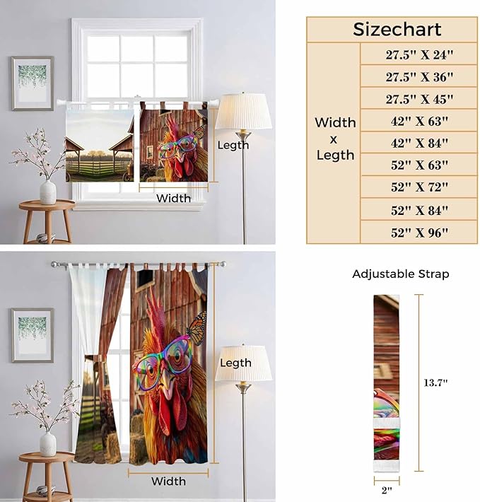 Farm Rooster Kitchen Curtains 45 Inch Length, Short Cafe Window Curtains Tab Top, Farmhouse Barn Funny Animals Butterfly Light Filtering Window Treatments Tier Drapes 27.5"x45" 2 Panel