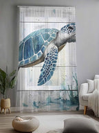 Sheer Curtains 96 Inches Long, Teal Green Sea Turtle Semi Sheer Curtains Light Filtering Window Treatment, Summer Ocean Vintage Wood Grain Privacy Voile Drapes for Living Room Bedroom 52x96 Inch