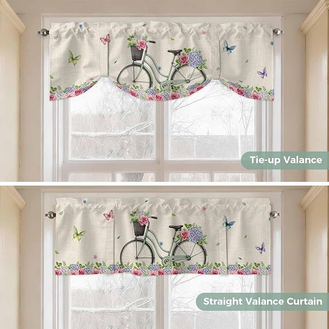 Farmhouse Spring Tie Up Valance Curtains for Windows, Kitchen Curtains Window Shades, Retro Bicycles Flowers Vines Butterfly Light Filtering Roman Curtain Valances for Bedroom/Bathroom/Cafe 54"x18"