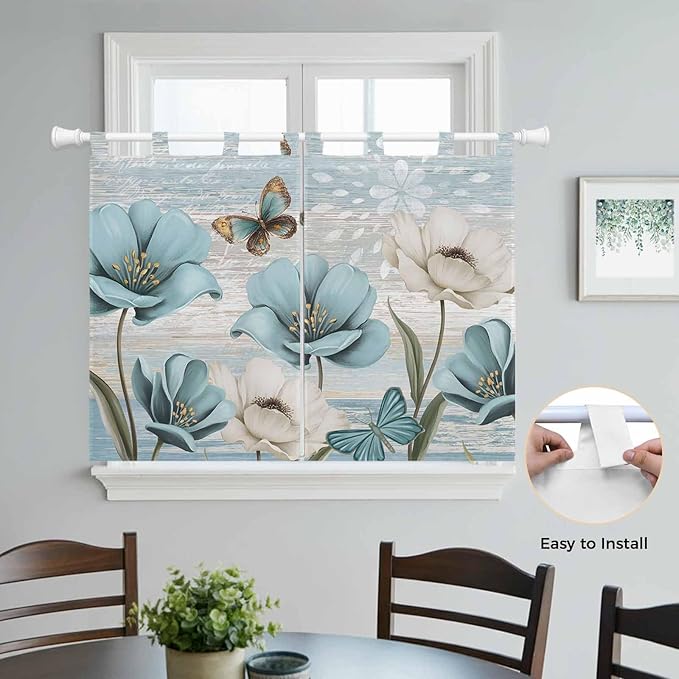 Spring Floral Bedroom Curtains 63 Inch Length, Window Curtains Tab Top, Vintage Tulips Flower Butterfly Retro Wood Blue Light Filtering Window Treatments Drapes 42"x63" 2 Panel