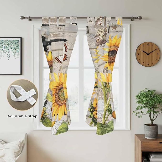 Farm Flowers Bedroom Curtains 72 Inch Length, Window Curtains Tab Top, Retro Sunflowers Barn Doors Butterfly Wood Board Light Filtering Window Treatments Drapes 52"x72" 2 Panel