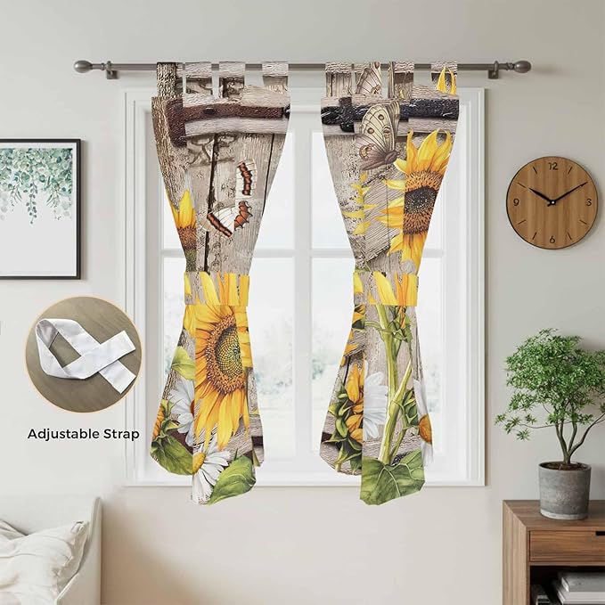 Farmhouse Sunflowers Bedroom Curtains 72 Inch Length, Window Curtains Tab Top, Rustic Barn Doors Flowers Butterfly Wooden Light Filtering Window Treatments Drapes 52"x72" 2 Panel