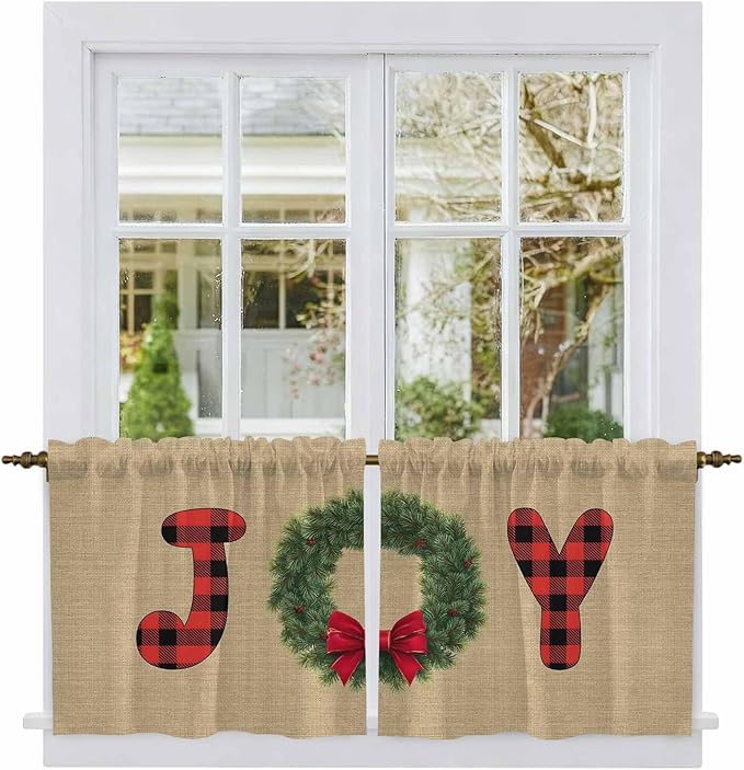 Red Green Christmas Kitchen Tier Curtains 36 Inch Long 2 Panel Set,Rod Pocket Half Window Curtains Over Sink,Xmas Botanical Winter Farmhouse Short Drapes for Bathroom Cafe 27.5"W x 36"L